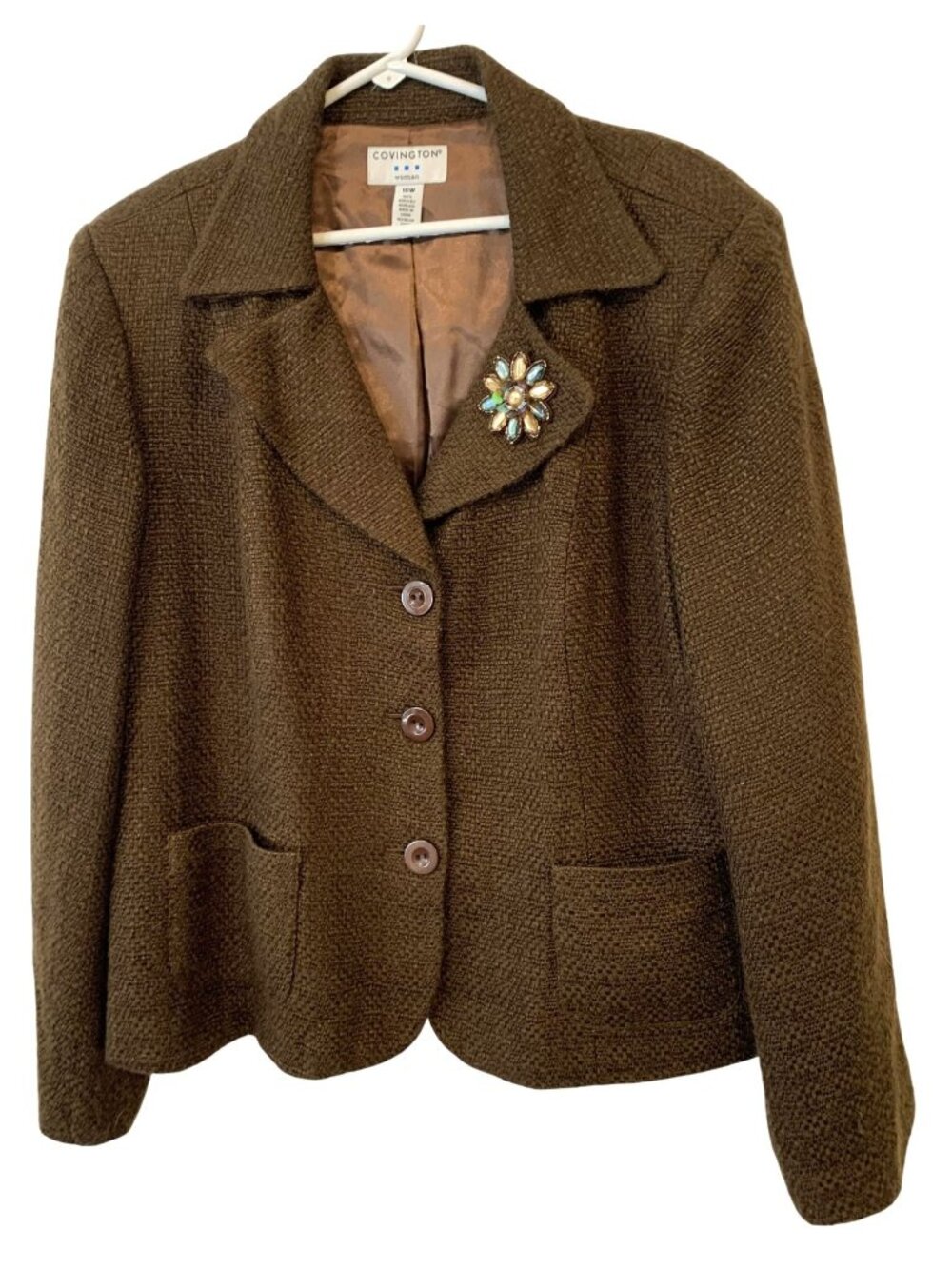 Covington Womens 18W Brown Textured Blazer Career Office Jacket Plus Size Brooch